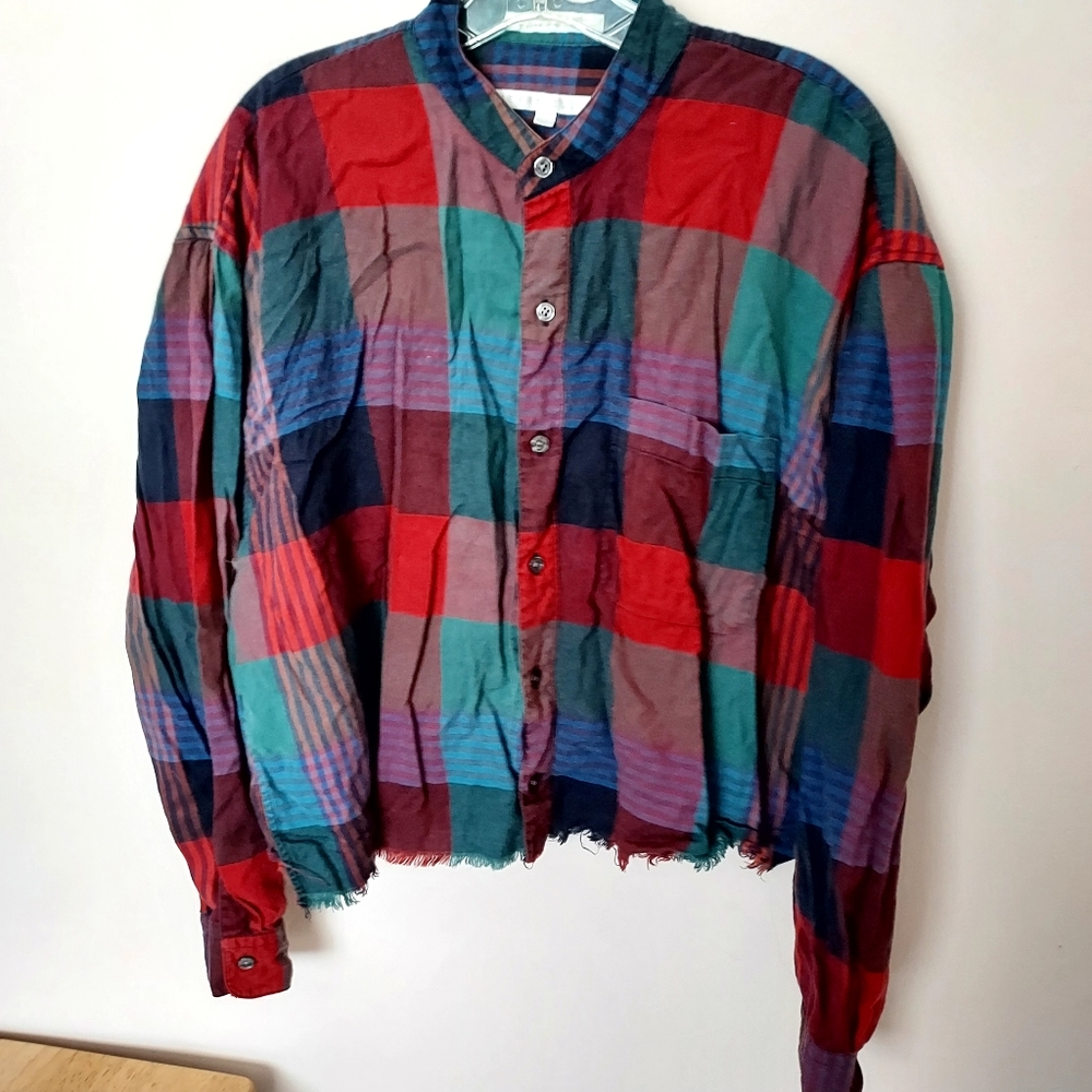 Perry Ellis plaid Cotton Rayon cutoff button-down Beachy Grunge Western Fall